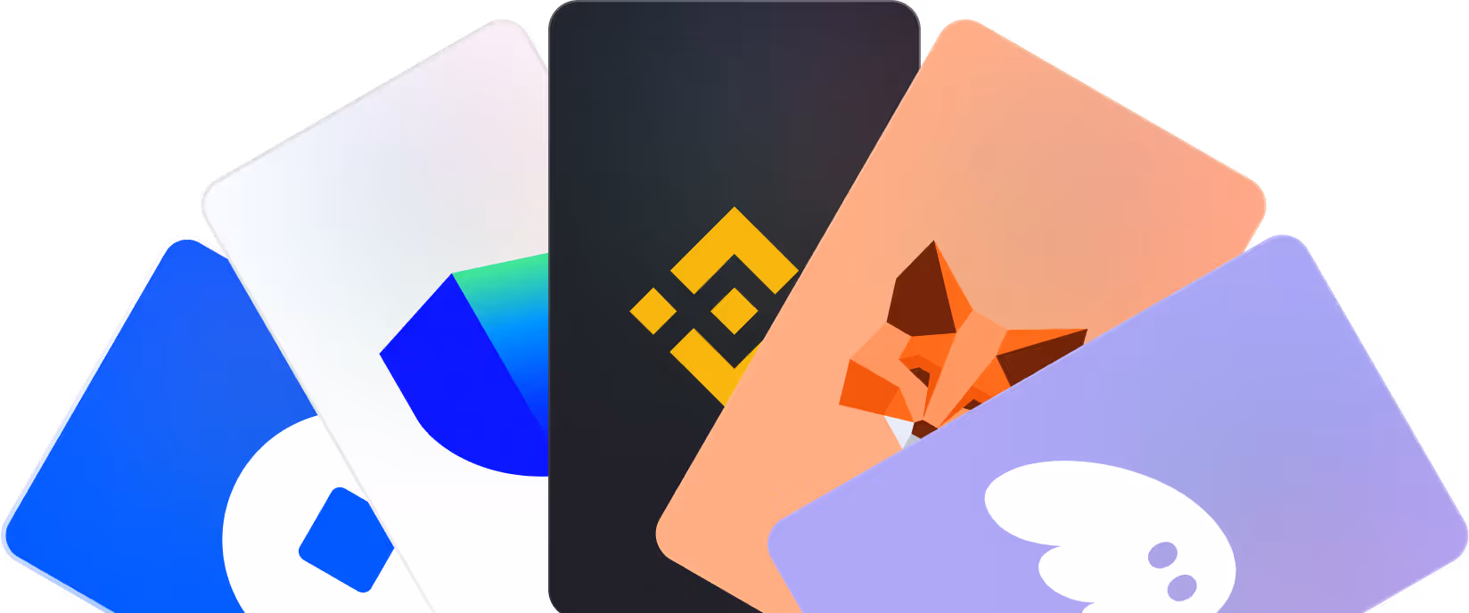 Stack of cards featuring logos of crypto platforms: OpenSea, Coinbase Wallet, Binance, MetaMask, and Ghost.